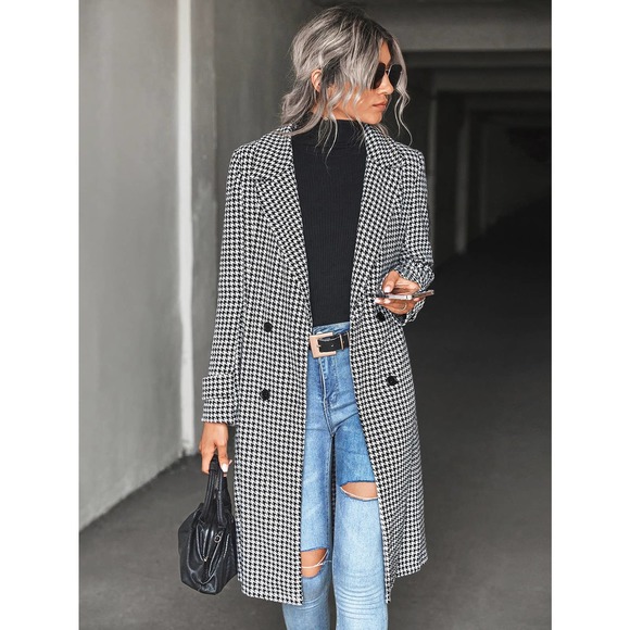 Houndstooth Lapel Collar Double Breasted Overcoat pea coat - Picture 4 of 8